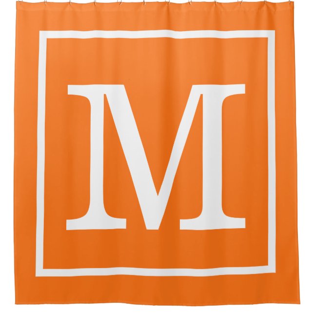 Pumpkin Orange White Framed XL Initial Monogram Shower Curtain (Front)