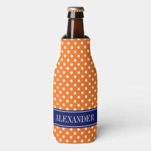 Pumpkin Orange White Polka Dots Navy Name Monogram Bottle Cooler