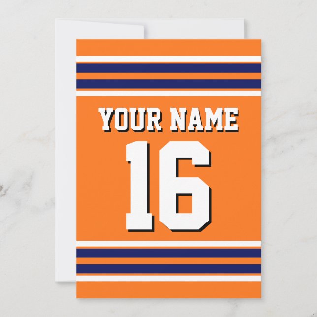 Pumpkin Orange with Navy White Stripes Team Jersey Invitation (Front)