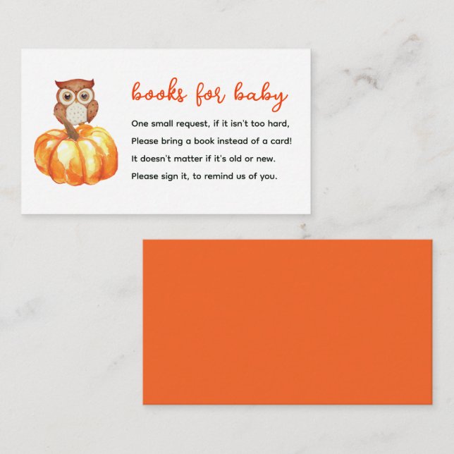 Pumpkin & Owl Books for Baby Shower Enclosure Card (Front/Back)