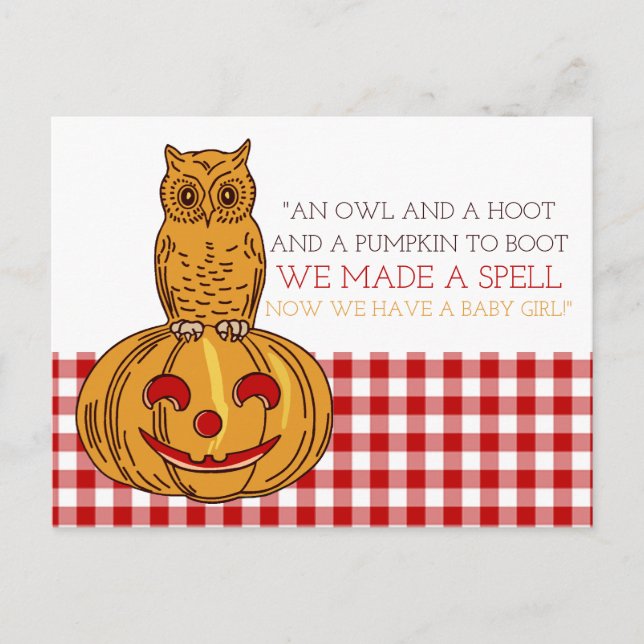 Pumpkin Owl & Gingham Baby Girl Announcement (Front)