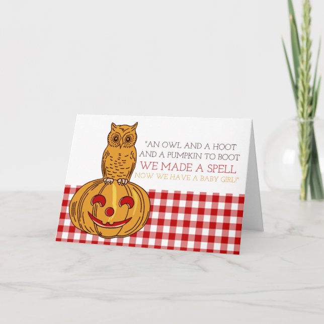 Pumpkin Owl & Gingham Baby Girl Announcement (Front)