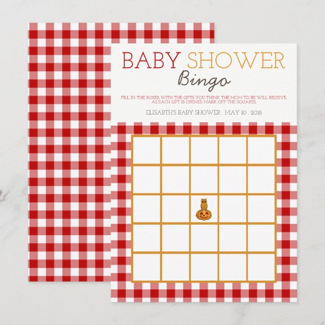 Pumpkin Owl & Gingham Baby Shower Bingo Invitation (Front/Back)