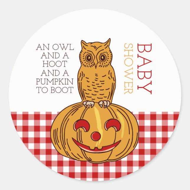 Pumpkin Owl & Gingham Baby Shower Classic Round Sticker (Front)