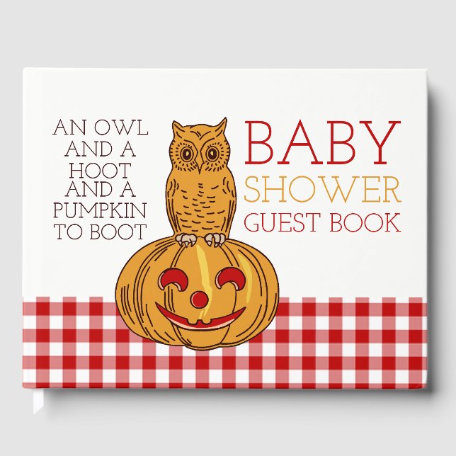 Pumpkin Owl & Gingham Baby Shower Guest Book (Front)