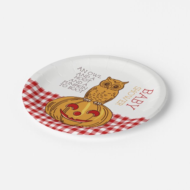 Pumpkin Owl & Gingham Baby Shower Paper Plate (Angled)