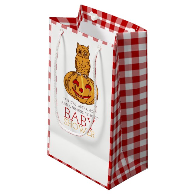 Pumpkin Owl & Gingham Baby Shower Small Gift Bag (Front Angled)