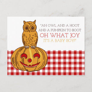 Pumpkin Owl & Gingham It's a Baby Boy Announcement