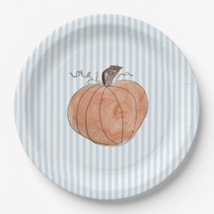 Pumpkin Painting Autumn Blue Stripe Paper Plate