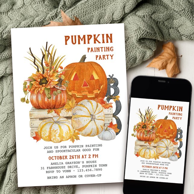 Pumpkin Painting Rustic Farmhouse Halloween Party Invitation (Pumpkin Painting Party with halloween carved pumpkin )