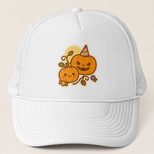 Pumpkin Pals – Kawaii Halloween Trucker Hat (Front)