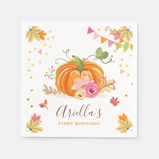 Pumpkin Paper Napkin Fall Birthday Girl Pink Gold (Front)