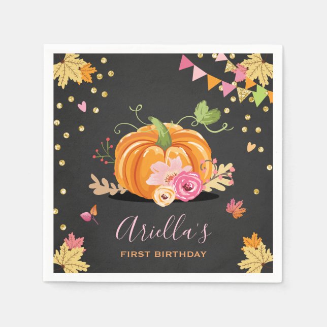 Pumpkin Paper Napkin Fall Birthday Girl Pink Gold (Front)