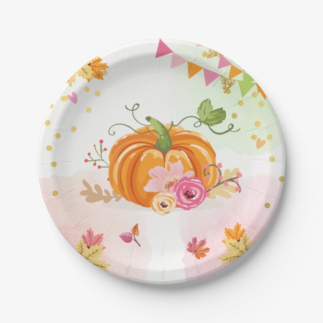 Pumpkin Paper Plates Pink Gold Shower Autumn Fall (Front)