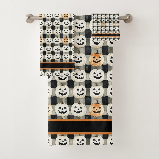 Pumpkin Parade – Monochrome Mischief in Chequered  Bath Towel Set (Insitu)