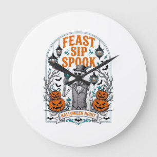 Pumpkin Party Skeleton Halloween Feast Sip Spook Large Clock