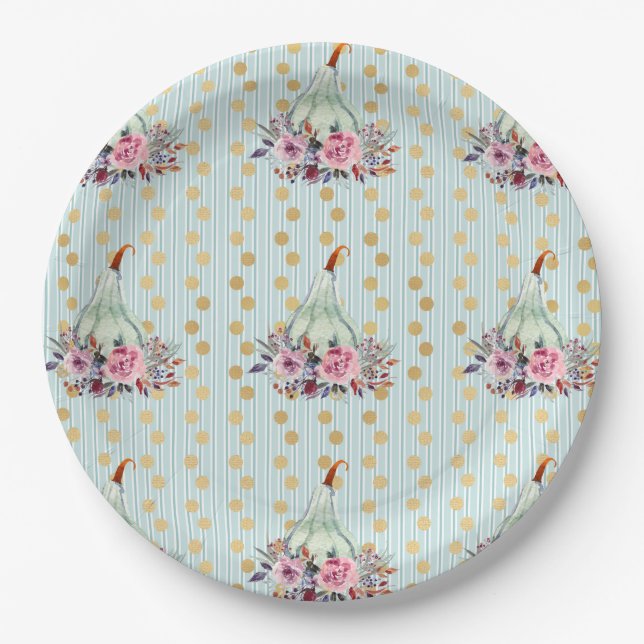 Pumpkin pastel elegant fall floral autumn teal  paper plate (Front)