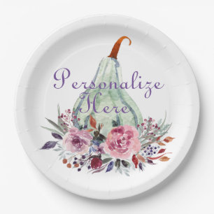 Pumpkin pastel elegant fall floral autumn teal  paper plate