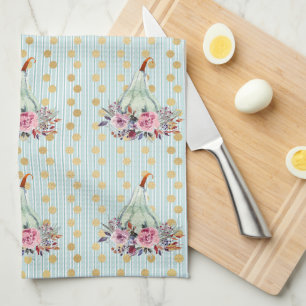 Pumpkin pastel fall floral teal gold dot pattern  tea towel