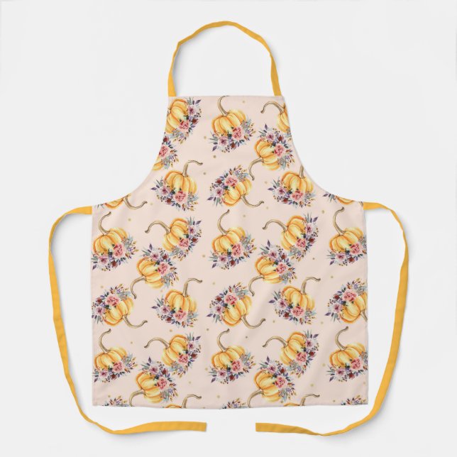 Pumpkin pastel peach gold polka dot floral fall apron (Front)