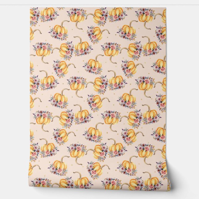 Pumpkin pastel peach gold polka dot floral fall wallpaper (Unrolling)
