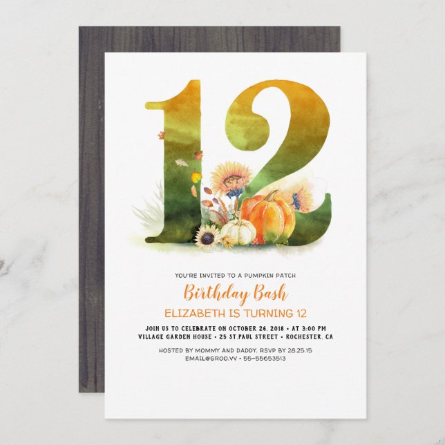 Pumpkin Patch 12 Birthday Bash Fall Invitation (Front/Back)