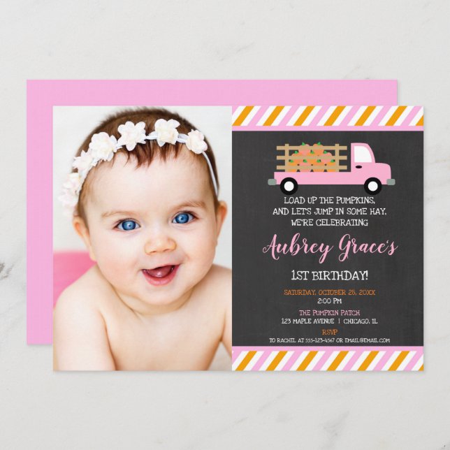 Pumpkin patch 1st first birthday fall girl photo invitation (Front/Back)