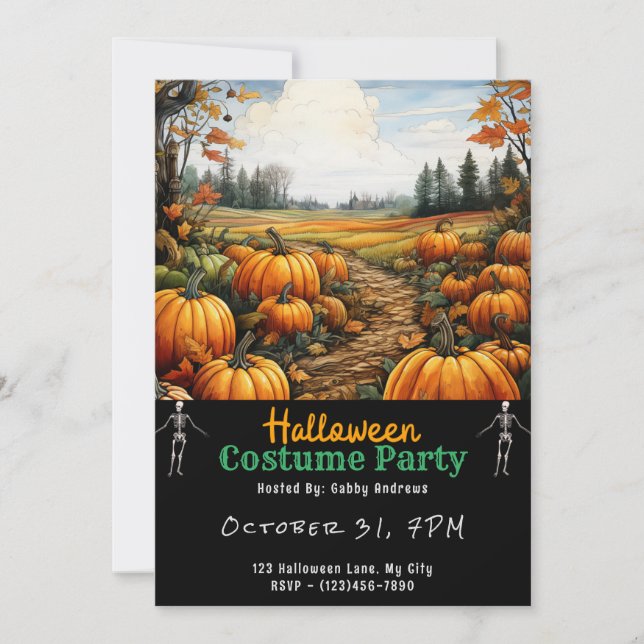 Pumpkin Patch and Orange Leaves Black Halloween Invitation (Front)