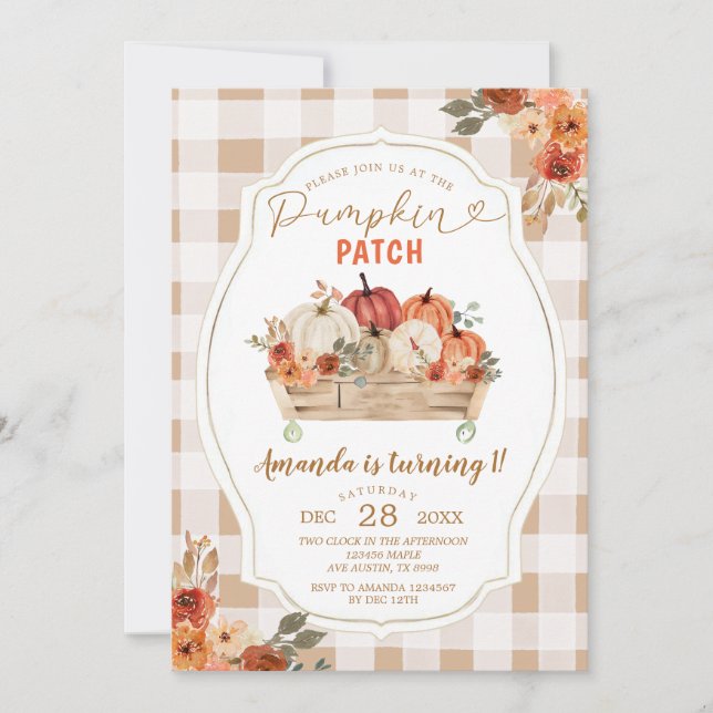 Pumpkin Patch Autumn Gingham Floral First Birthday Invitation (Front)