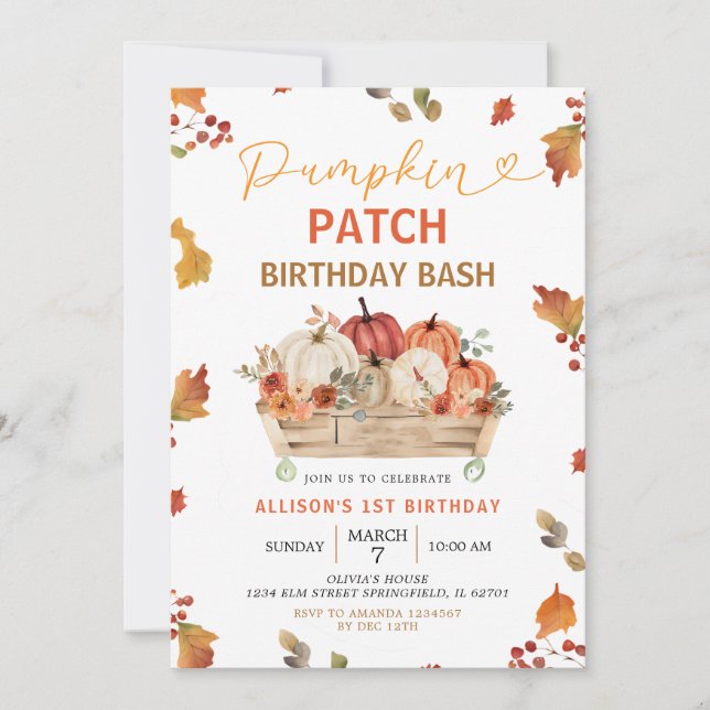 Pumpkin Patch Autumn Rustic Leaves First Birthday Invitation (Front)