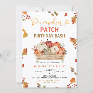 Pumpkin Patch Autumn Rustic Leaves First Birthday Invitation