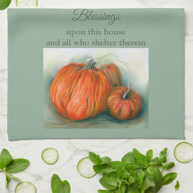 Pumpkin Patch Autumn Trio Pastel Art Tea Towel (Folded)
