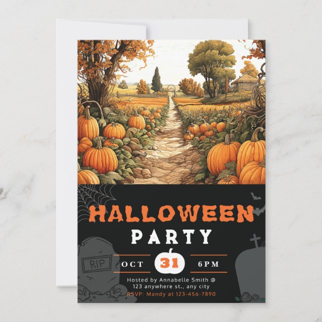 Pumpkin Patch Beautiful Autumn Black Halloween Invitation (Front)