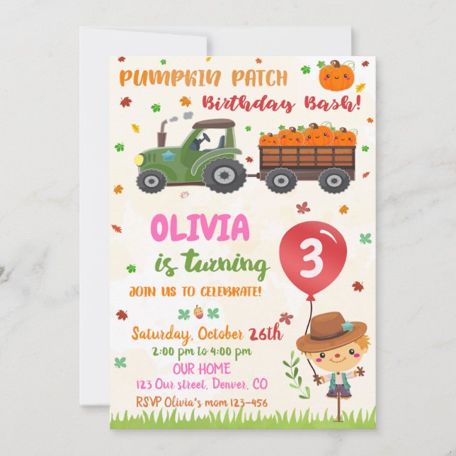 Pumpkin patch birthday invitation Fall birthday (Front)