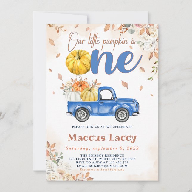 Pumpkin Patch Boy 1st Birthday Blue Truck Invitation (Front)