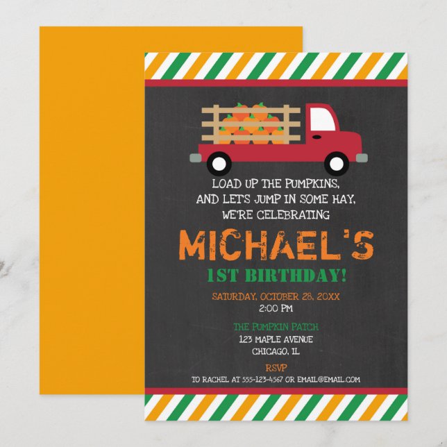 Pumpkin patch boy 1st first birthday cute fall invitation (Front/Back)