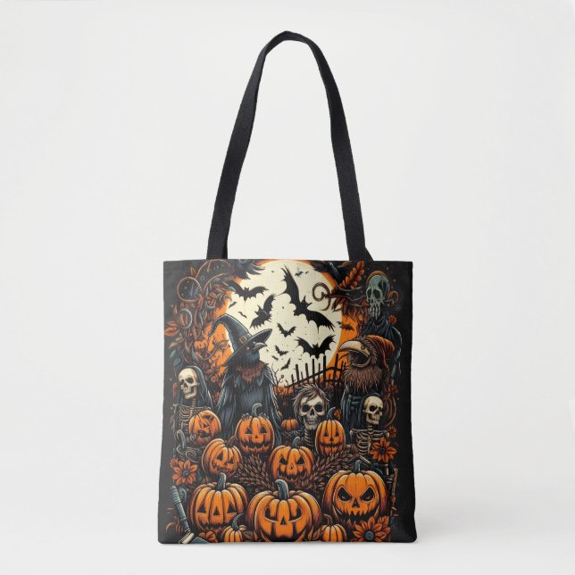 Pumpkin Patch Crow Witch & Skeleton Crew Halloween Tote Bag (Front)