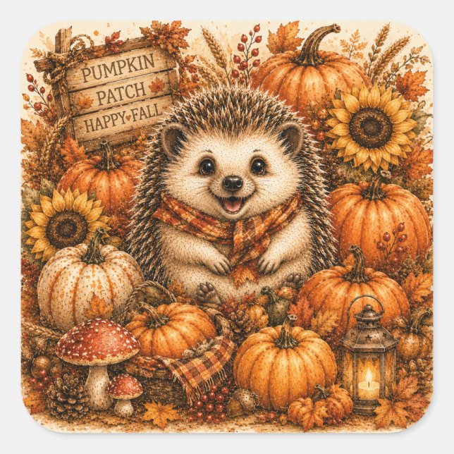 Pumpkin Patch Cute Fall Hedgehog Square Sticker (Front)