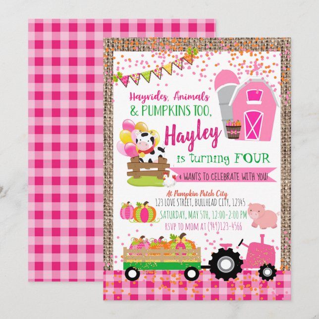 Pumpkin Patch Farmer Girls Pink Birthday Invitation (Front/Back)