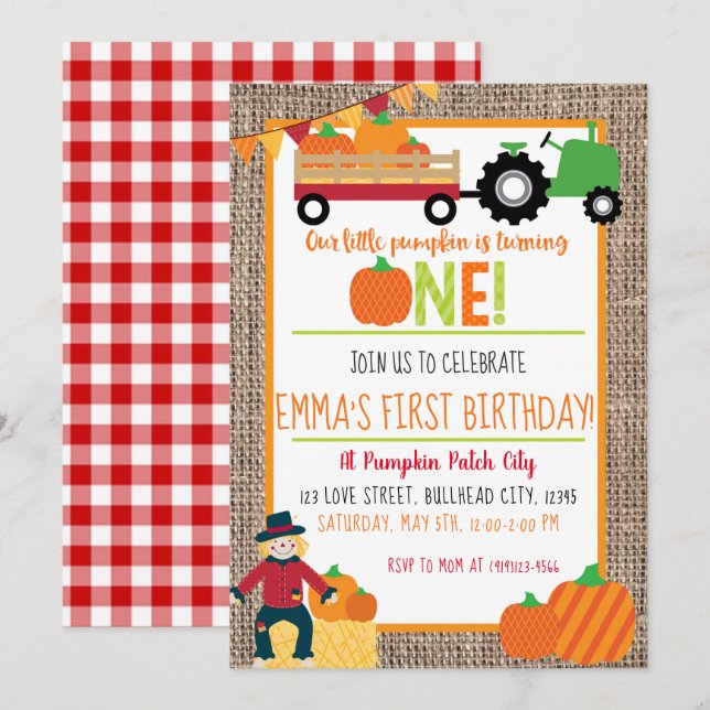 Pumpkin Patch Farmer Red Gingham 1st Birthday Invitation (Front/Back)
