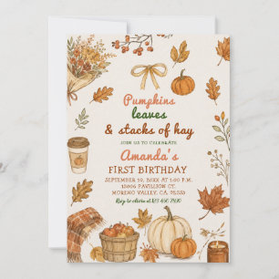 Pumpkin Patch Hays Leaves Autumn First Birthday Invitation