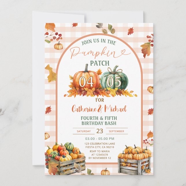 Pumpkin Patch joint siblings birthday bash Autumn Invitation (Front)
