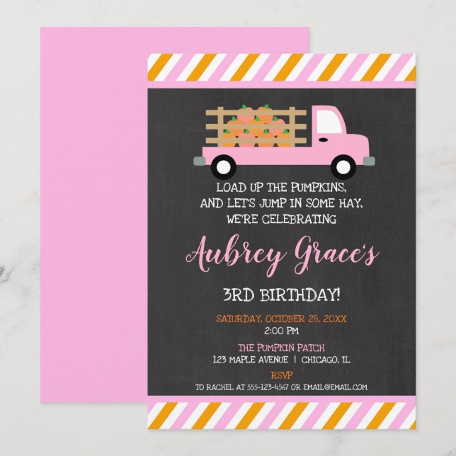 Pumpkin patch orange pink girl fall birthday invitation (Front/Back)
