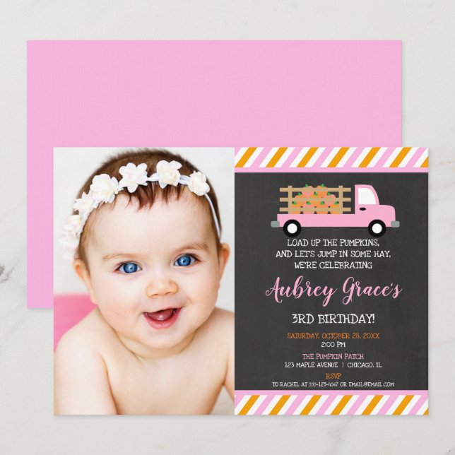 Pumpkin patch orange pink girl fall birthday photo invitation (Front/Back)