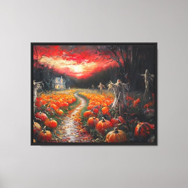 Pumpkin Patch Path Haunted Farmhouse at Sunset Canvas Print (Front)