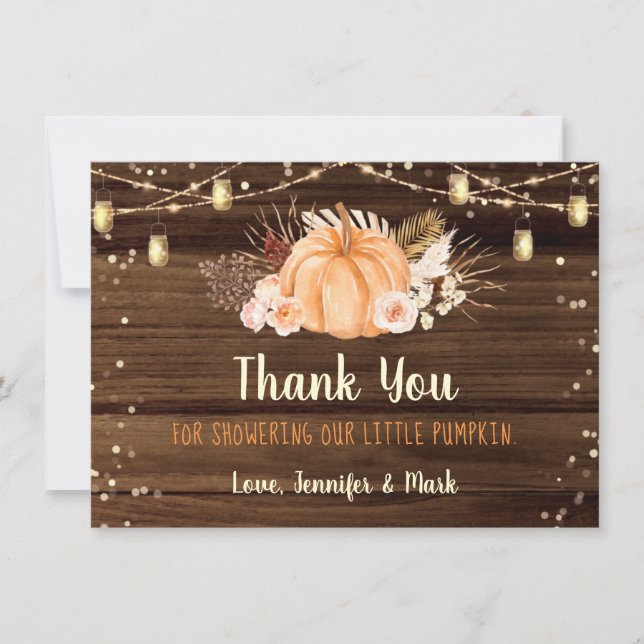 Pumpkin Patch Rustic String Lights Baby Shower Thank You Card (Front)
