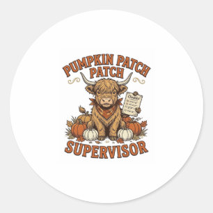 Pumpkin Patch Supervisor Highland Cow Vintage Shir Classic Round Sticker