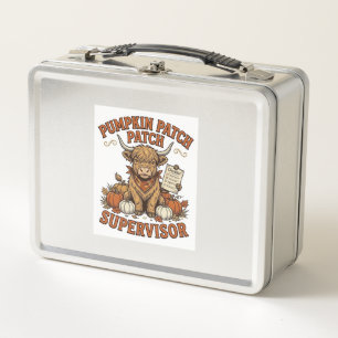 Pumpkin Patch Supervisor Highland Cow Vintage Shir Metal Lunch Box