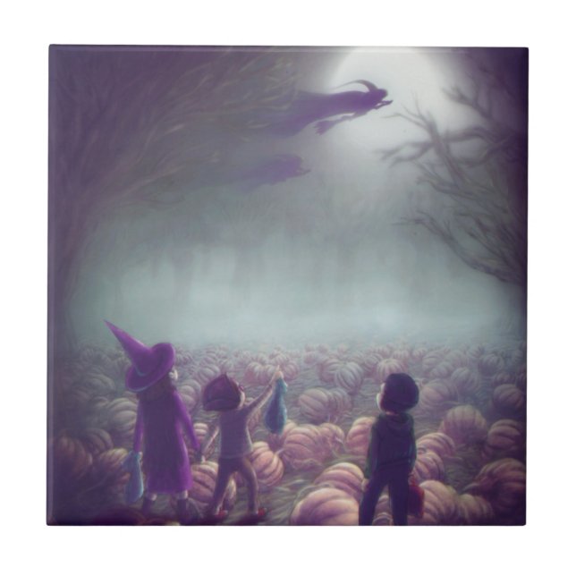 Pumpkin Patch Witches Flying Past Trick-Or-Treater Tile (Front)