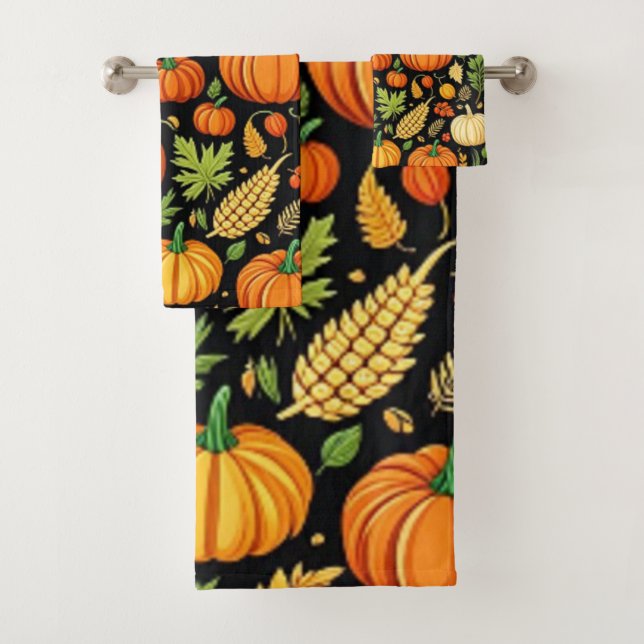 Pumpkin Pattern Harvest Day Autumn Bath Towel Set (Insitu)